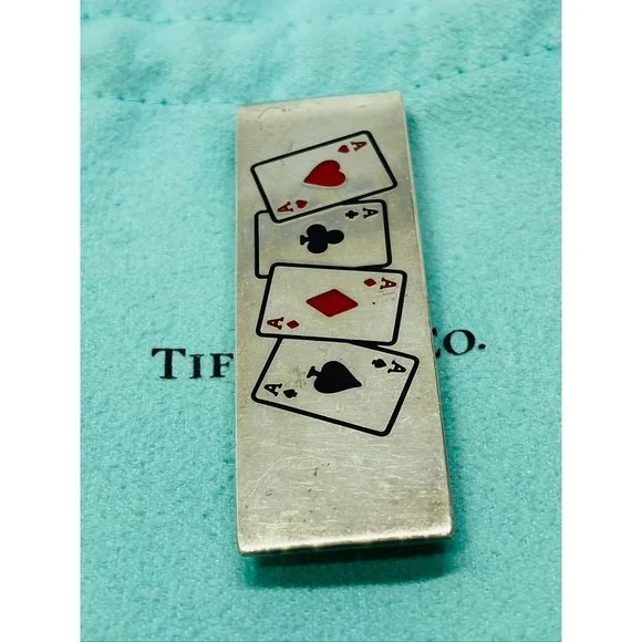 Tiffany & Co Diamond Ace Spade Heart Silver Enamel Poker Card Money Clip - Picture 2 of 5